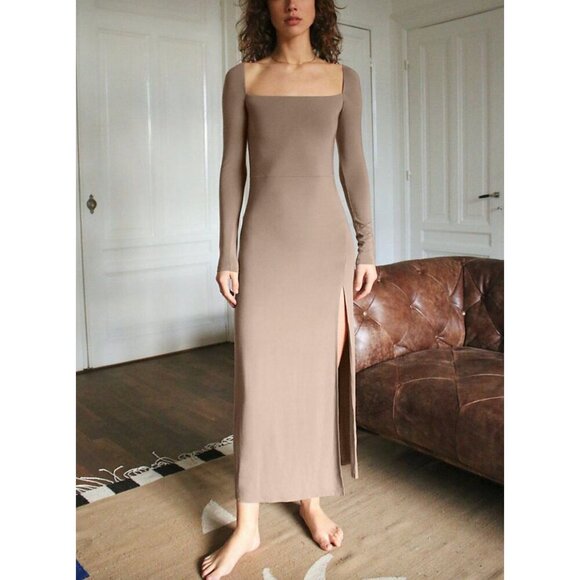 Aritzia Wilfred Chablis Maxi Long Sleeve Jersey Dress Slit Taupe Size XS - Picture 1 of 10